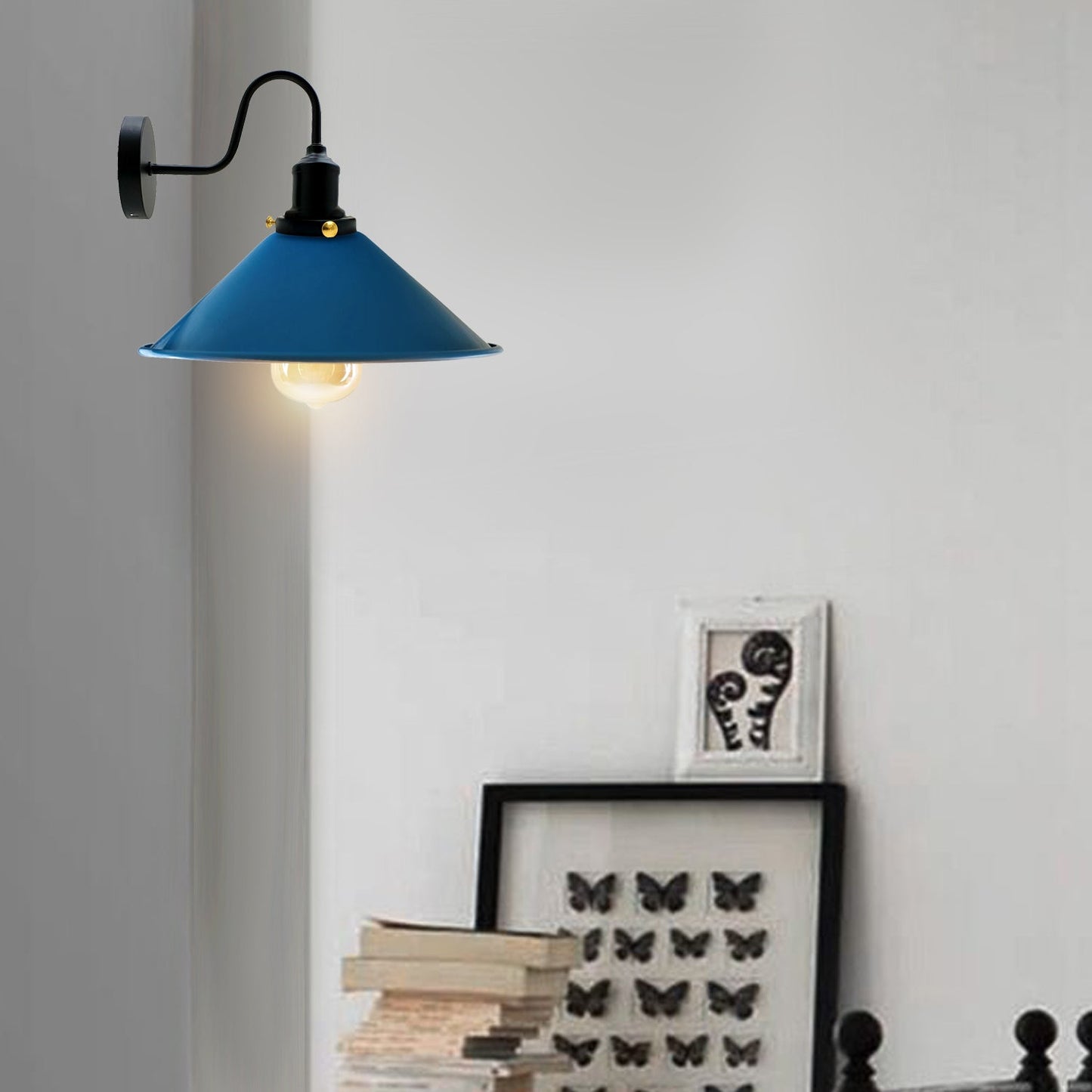 Blue Industrial Swan Neck Wall Light Indoor Sconce Metal Cone Shape