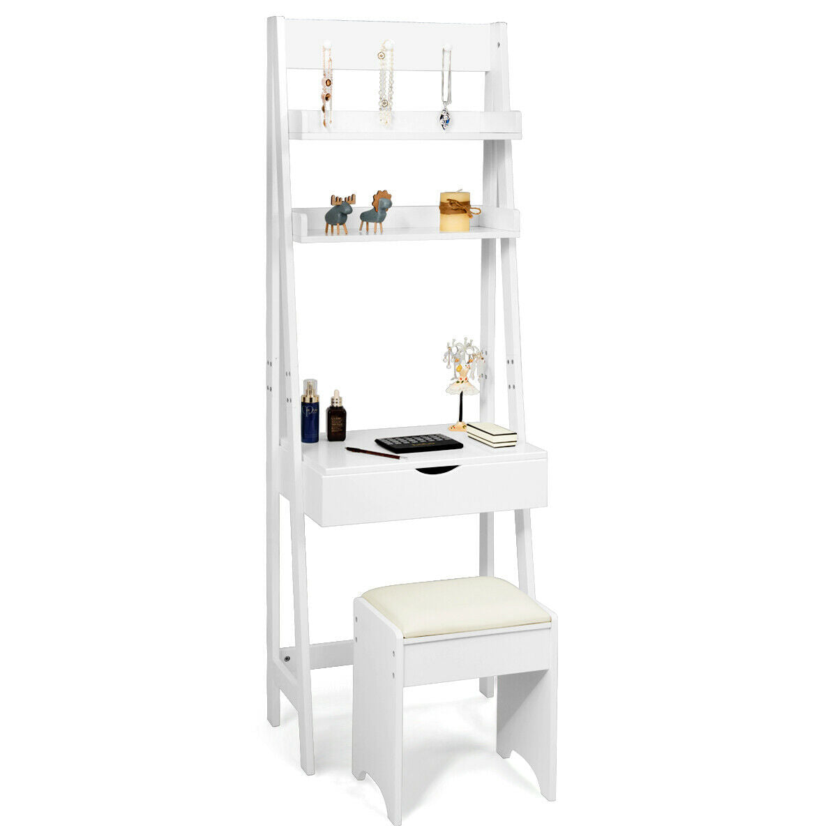 Ladder Styled Dressing Table with Shelves, Mirror and Stool Main image