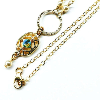 14 CT Gold-Filled Hammered Green Crystal Open Circle Filigree Necklace