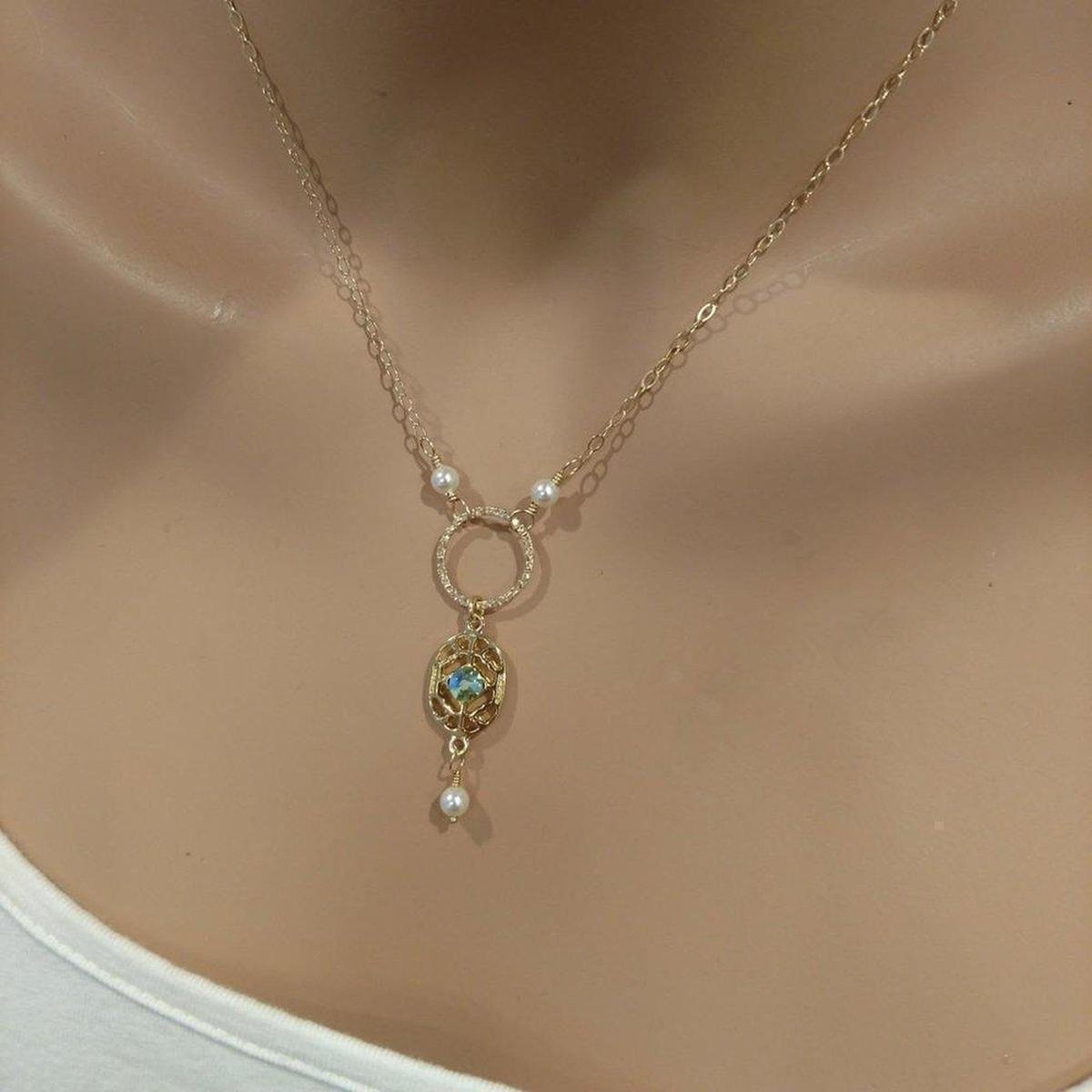 14 CT Gold-Filled Hammered Green Crystal Open Circle Filigree Necklace