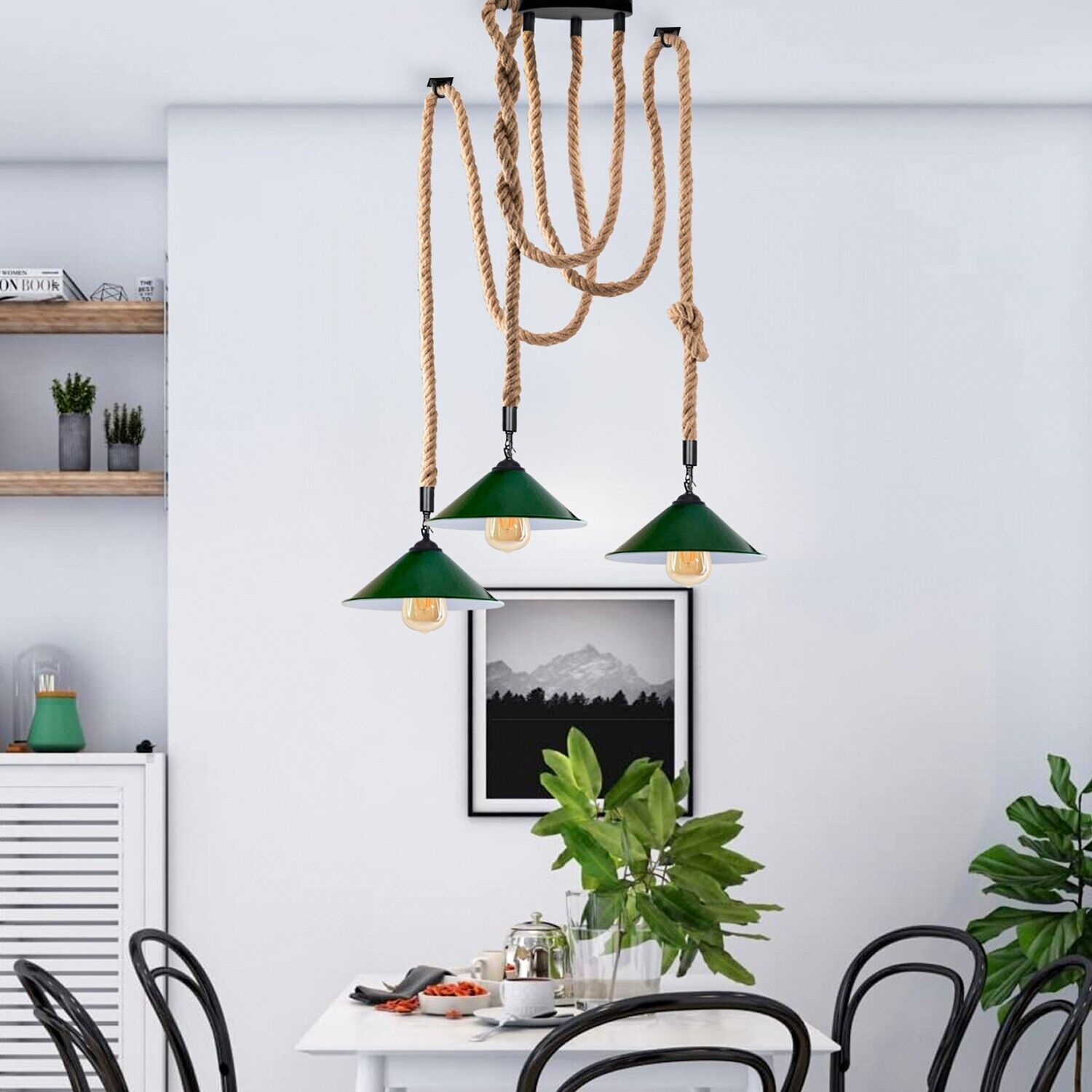 Industrial vintage Retio 3 Head Hemp  Spider Chandelier  Cone Green Main image