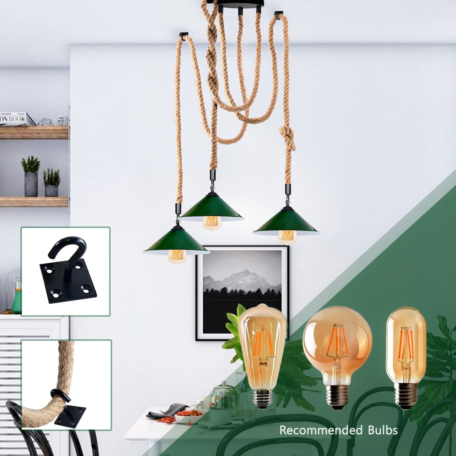 Industrial vintage Retio 3 Head Hemp  Spider Chandelier  Cone Green Secondary image