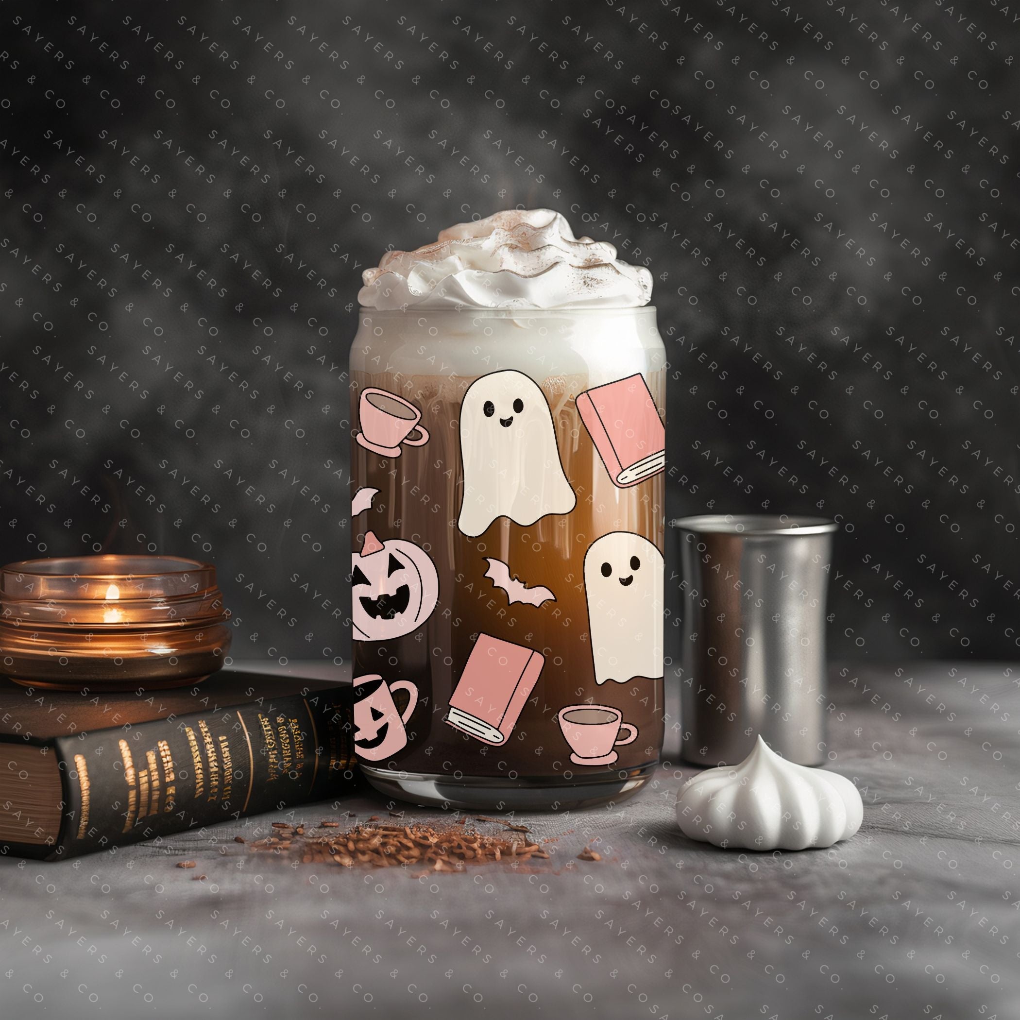 16oz Trick or Treat Glass Cup with Bamboo Lid & Straw #100178 Main image