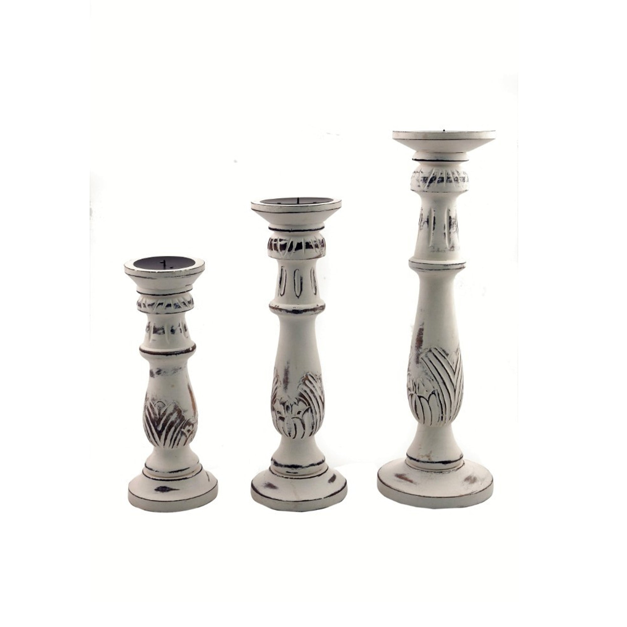 Distressed Mango Wood Pillar Shaped Candle holder, Set of 3, White Main image