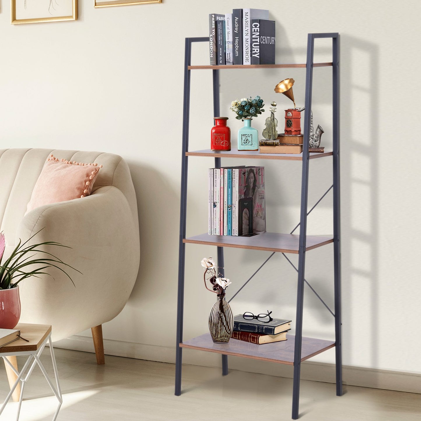 HOMCOM 4-Tier Vintage Ladder Shelf Bookcase Storage Rack Home Office