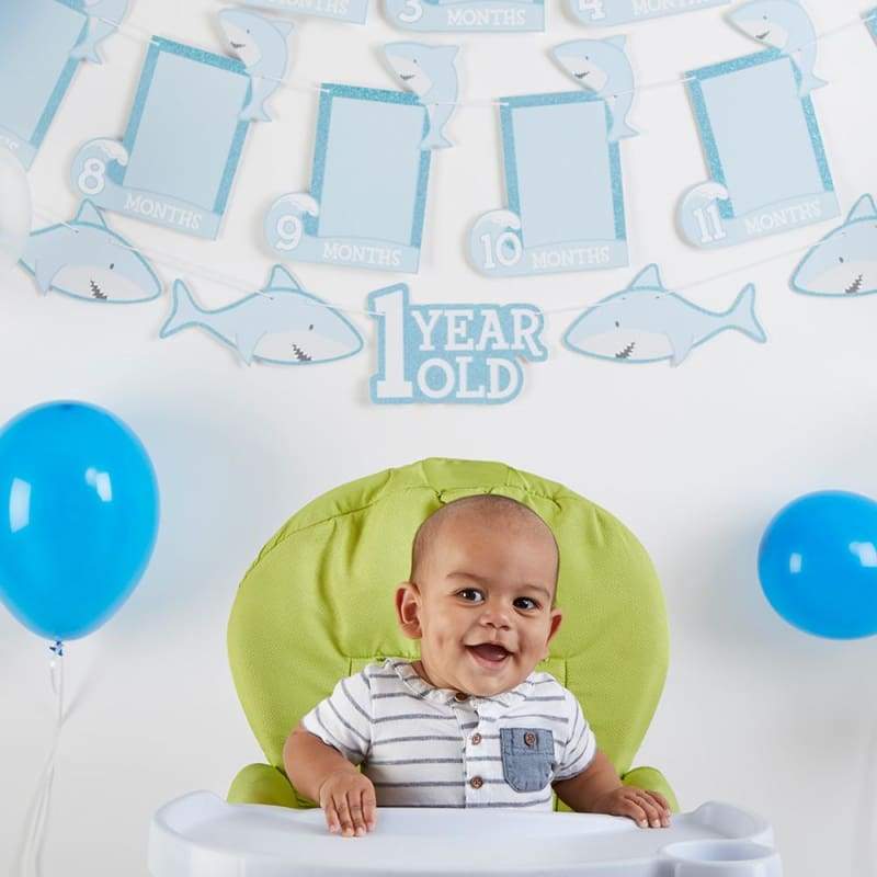 1st Birthday Milestone Photo Banner & Cake Topper - Shark Party