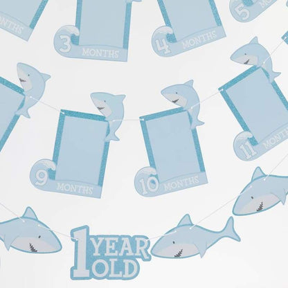 1st Birthday Milestone Photo Banner & Cake Topper - Shark Party