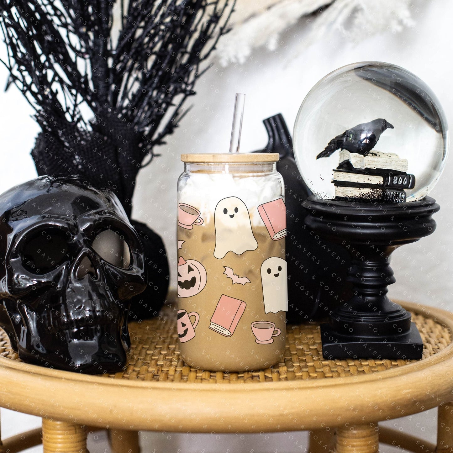 16oz Trick or Treat Glass Cup with Bamboo Lid & Straw #100178