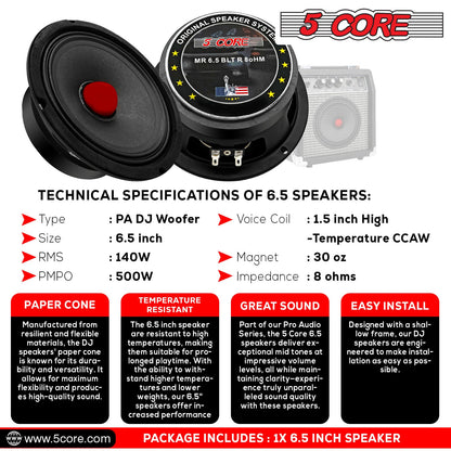 5Core 6.5 Inch Midrange Door Speaker 580W PMPO Subwoofer w Aluminum