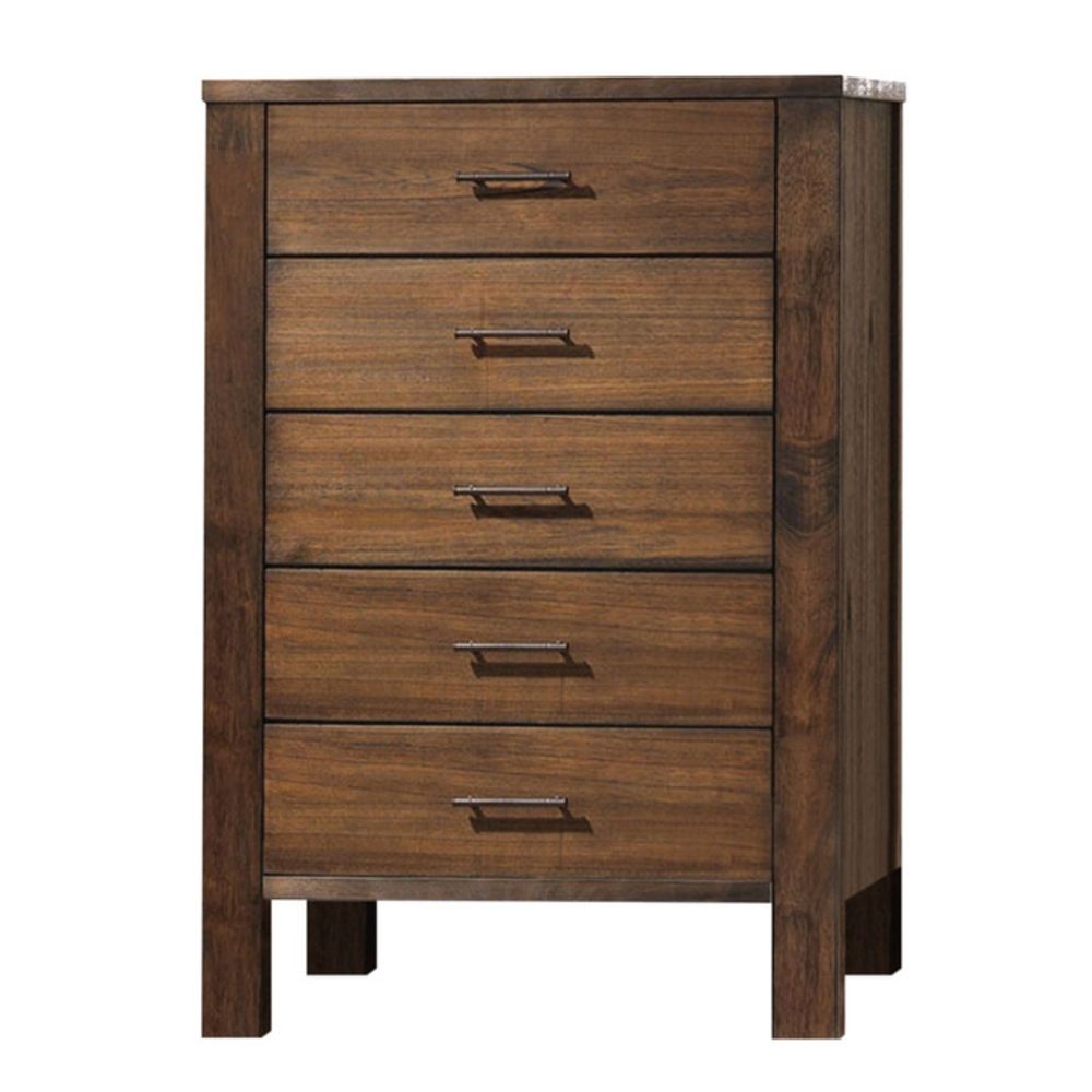 48inches Oak Finish 5 Drawer Chest Dresser with Brass Metal Hardware