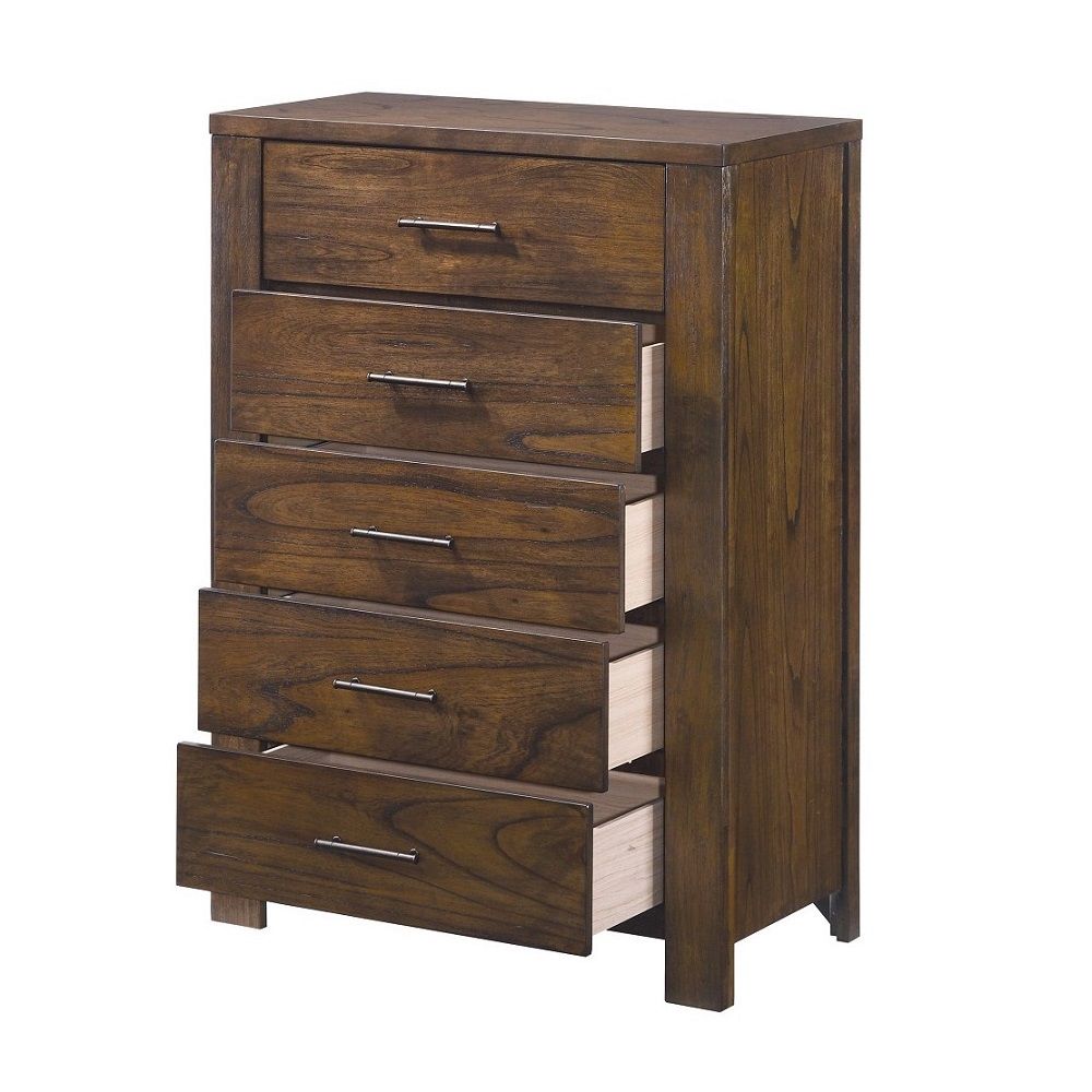 48inches Oak Finish 5 Drawer Chest Dresser with Brass Metal Hardware