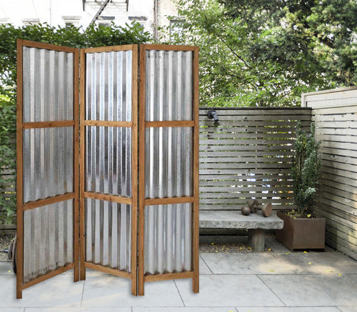 Gray Industrial Galvanized Metal Three Panel Room Divider Screen