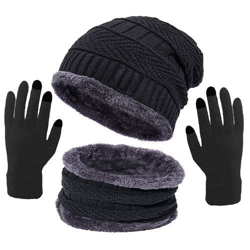 3 Pcs Men's Hat Scarf Gloves Set Warm Beanie Fleece Lining Scarf