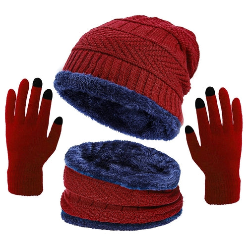 3 Pcs Men's Hat Scarf Gloves Set Warm Beanie Fleece Lining Scarf