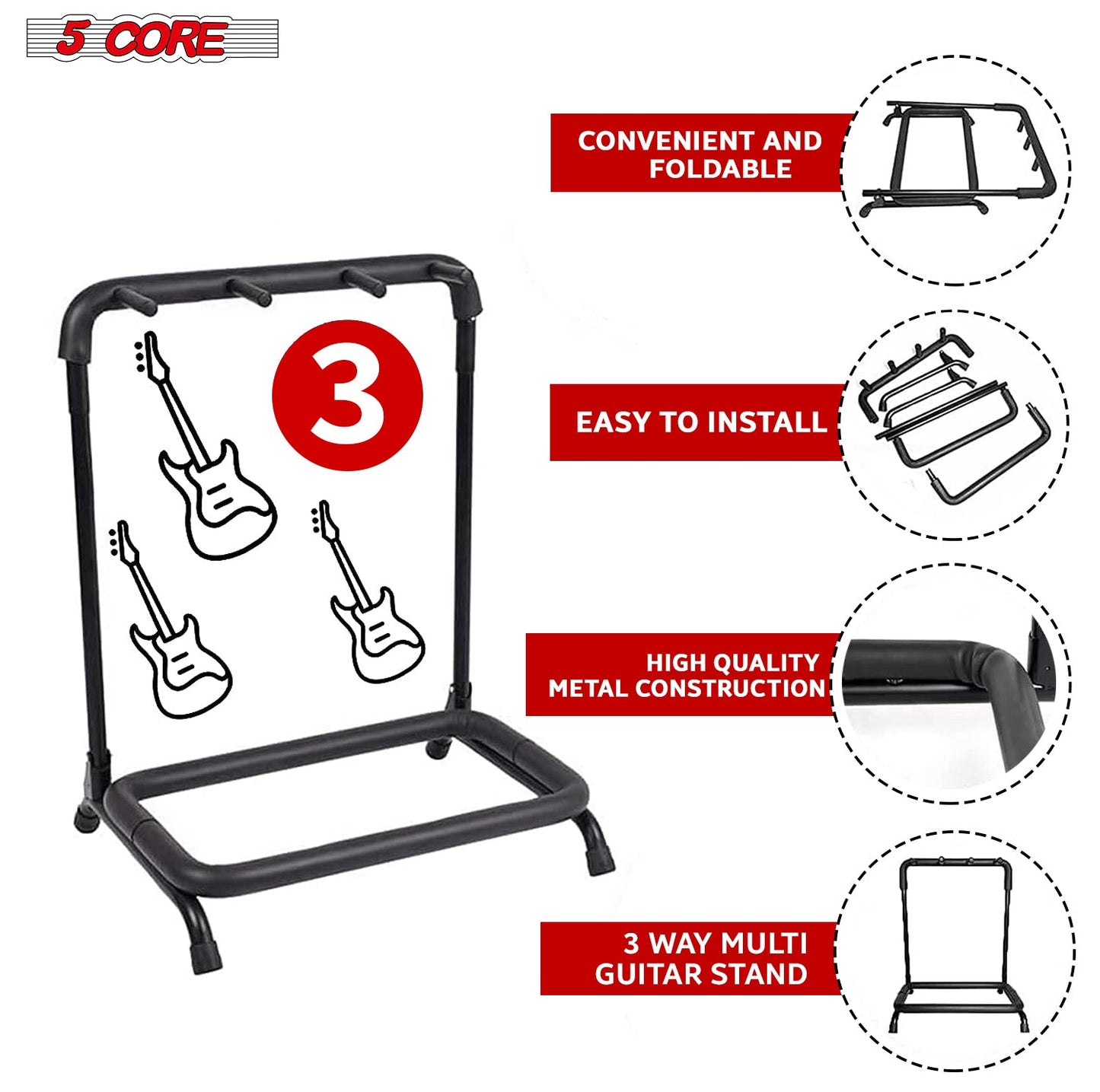 5Core Guitar Rack 3 Slot Multi Guitars Stands Floor Safe Storage for