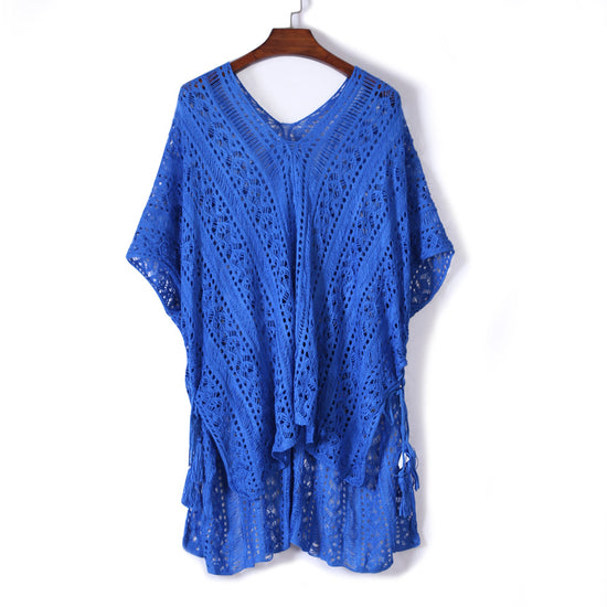 Cobalt Blue Crochet Knitted Tassel Tie Kimono Beachwear