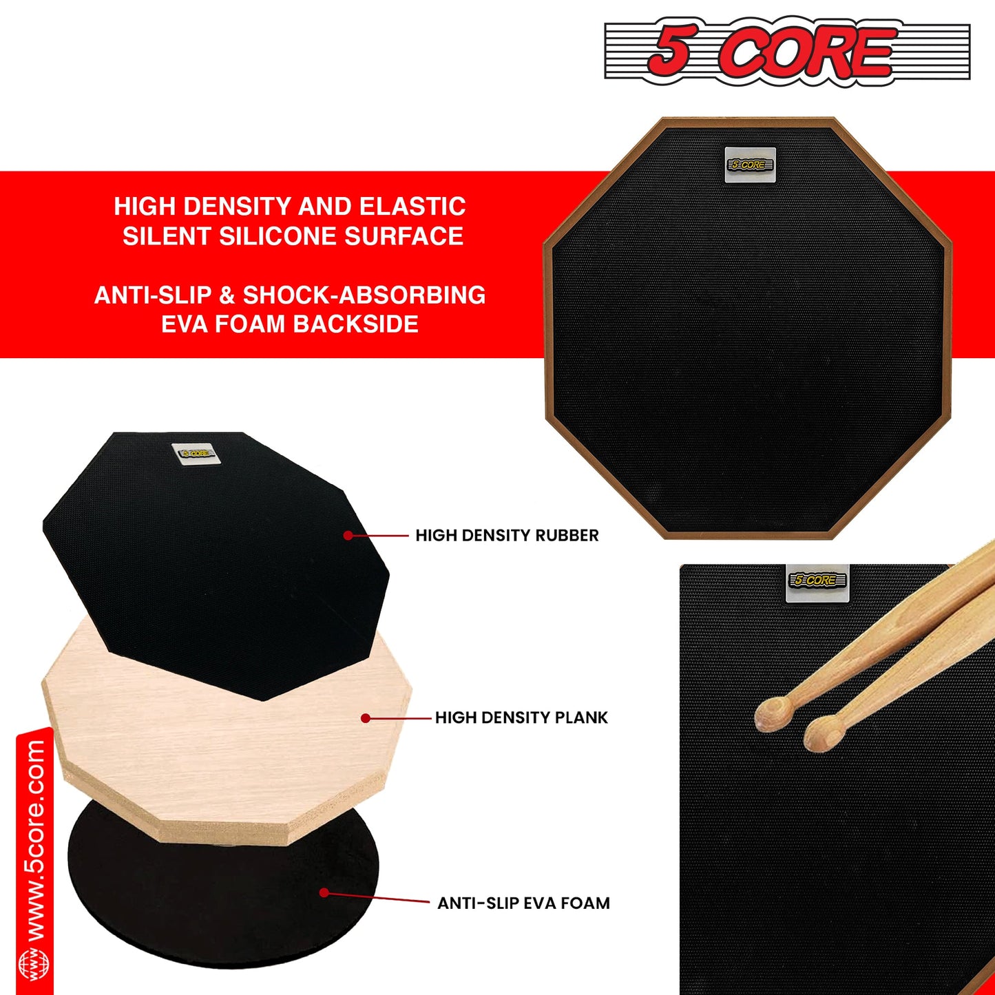 5 Core Drum Practice Pad Set 12" Adjustable Snare Drumming Stand