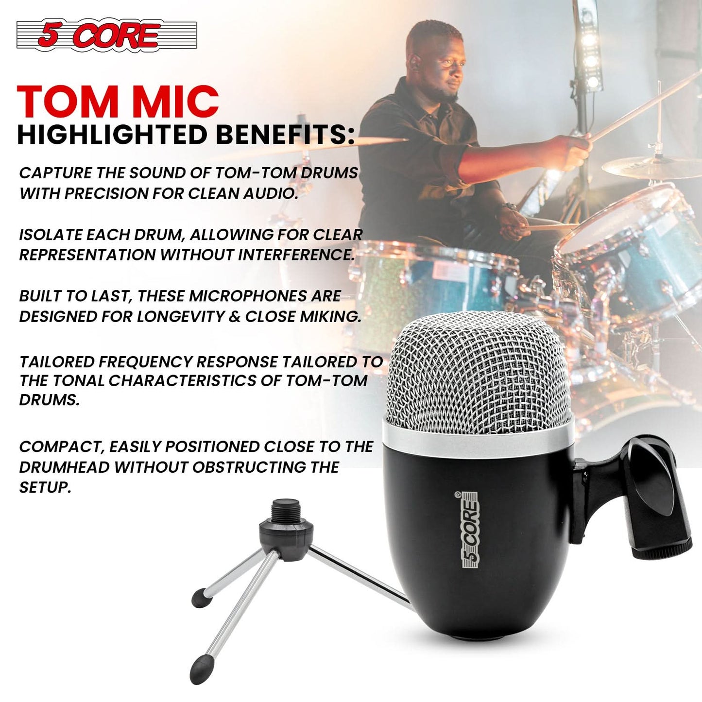 5Core Tom Snare Mic Cardioid Dynamic Microphone for Drum Kit