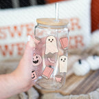 16oz Trick or Treat Glass Cup with Bamboo Lid & Straw #100178