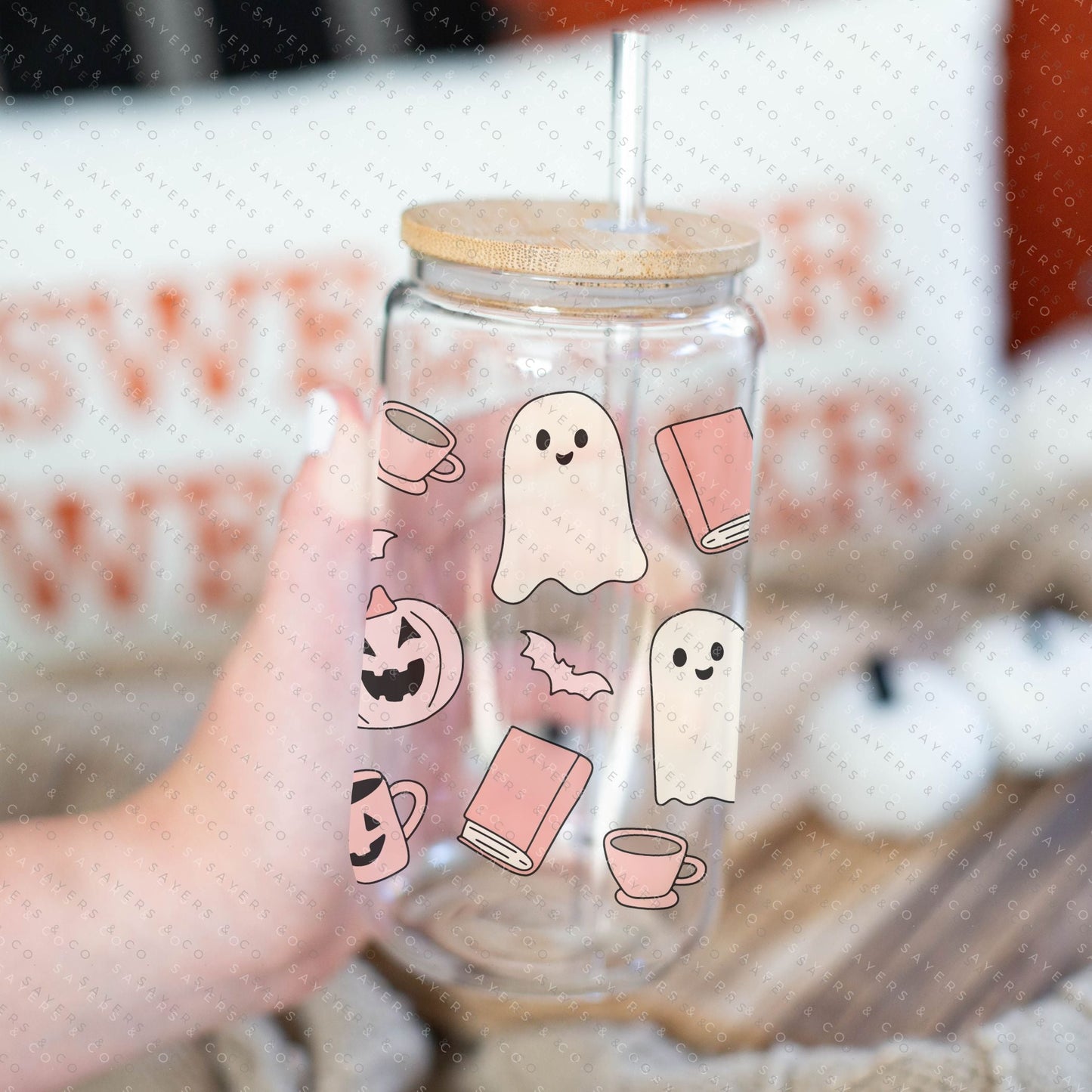 16oz Trick or Treat Glass Cup with Bamboo Lid & Straw #100178