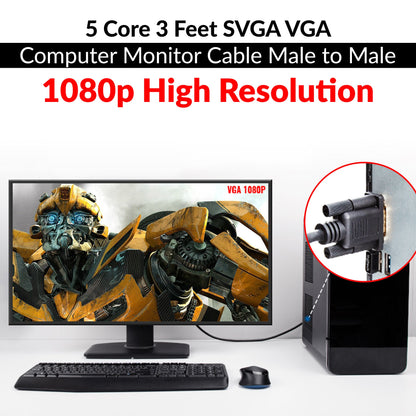 5Core VGA to VGA Cable 6Ft 15 Pin VGA Male to Male Video Transmission