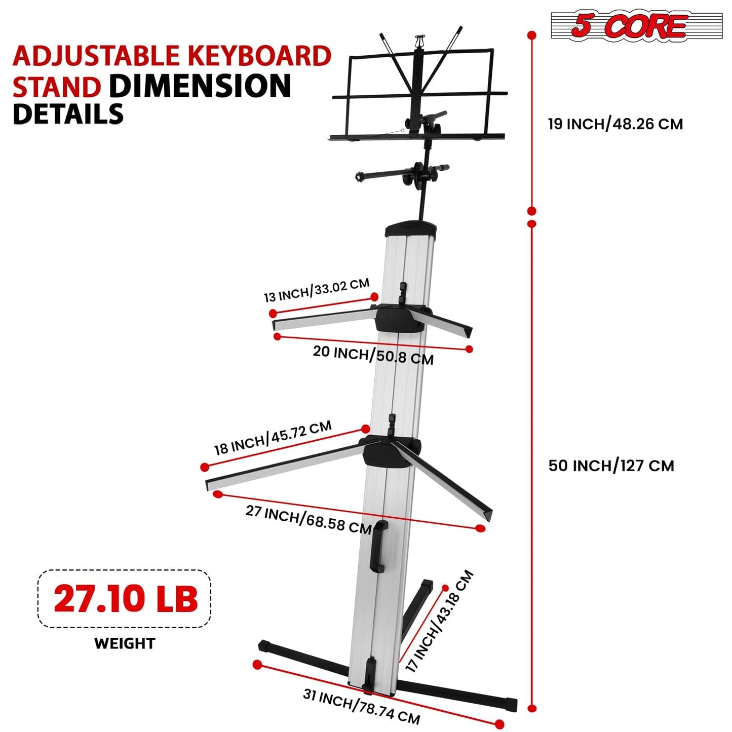 5Core Keyboard Stand 2 Tier Classic Adjustable Electric Piano Sturdy
