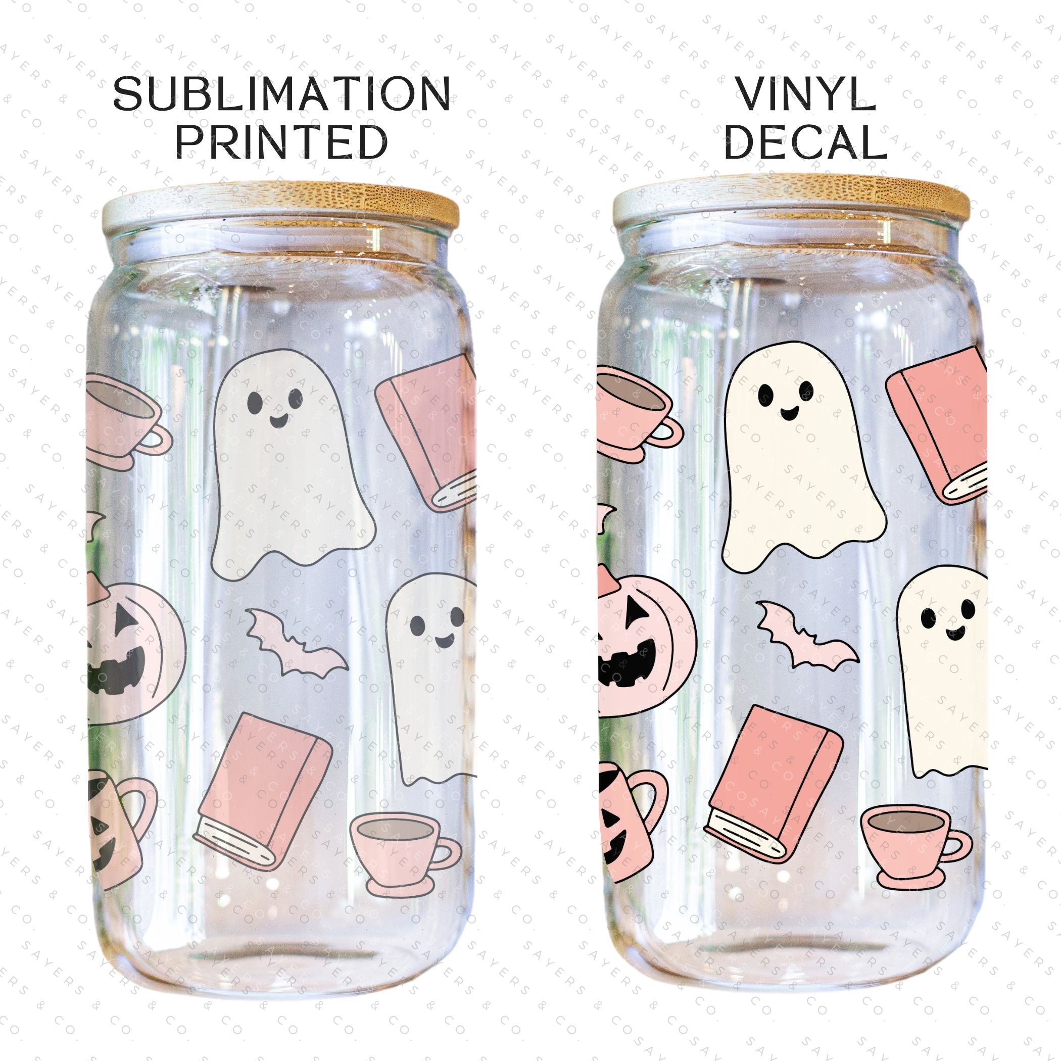 16oz Trick or Treat Glass Cup with Bamboo Lid & Straw #100178