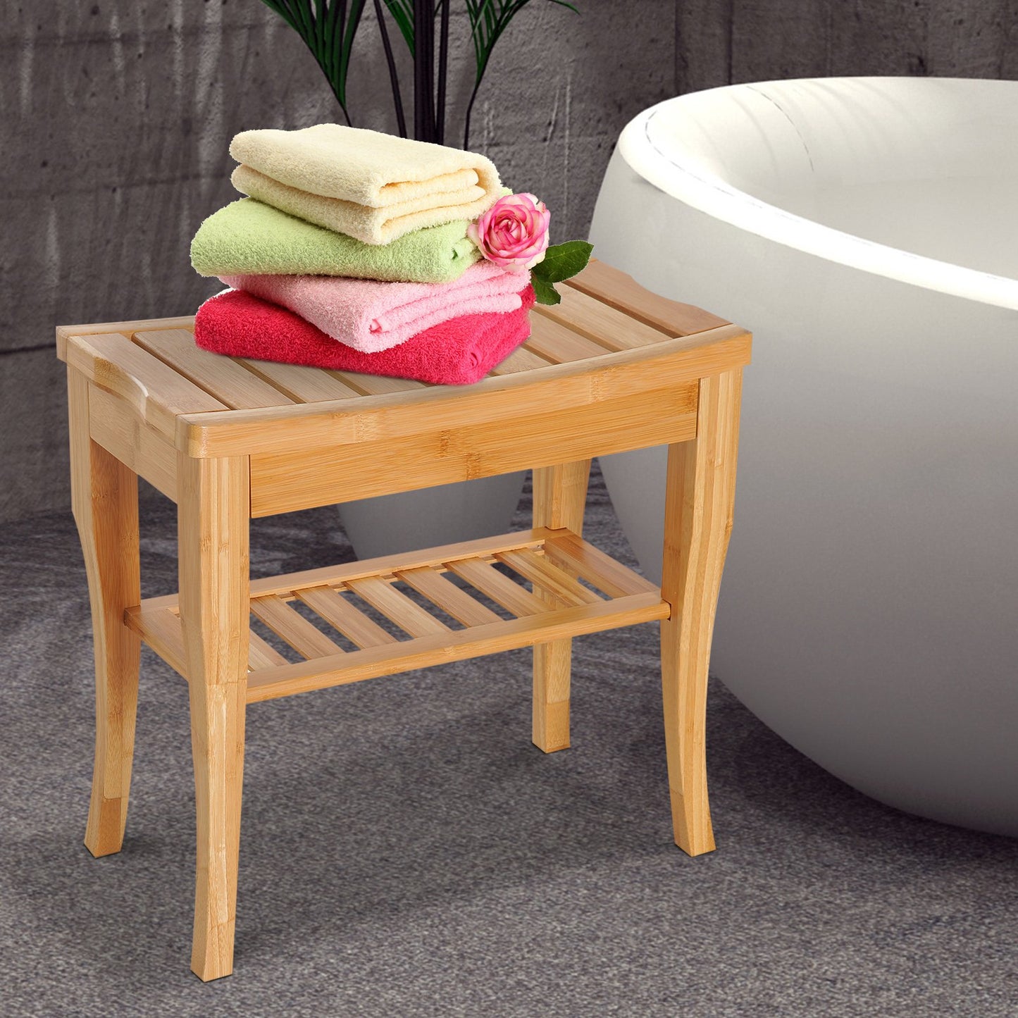 HOMCOM 20" Bamboo Shower Bench Bathroom Stool Spa Bath Seat Organizer