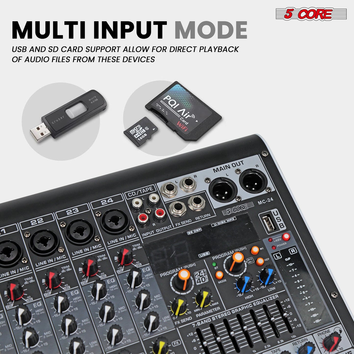 5 Core Audio Mixer 24 Channel DJ Sound Board w Bluetooth USB PC