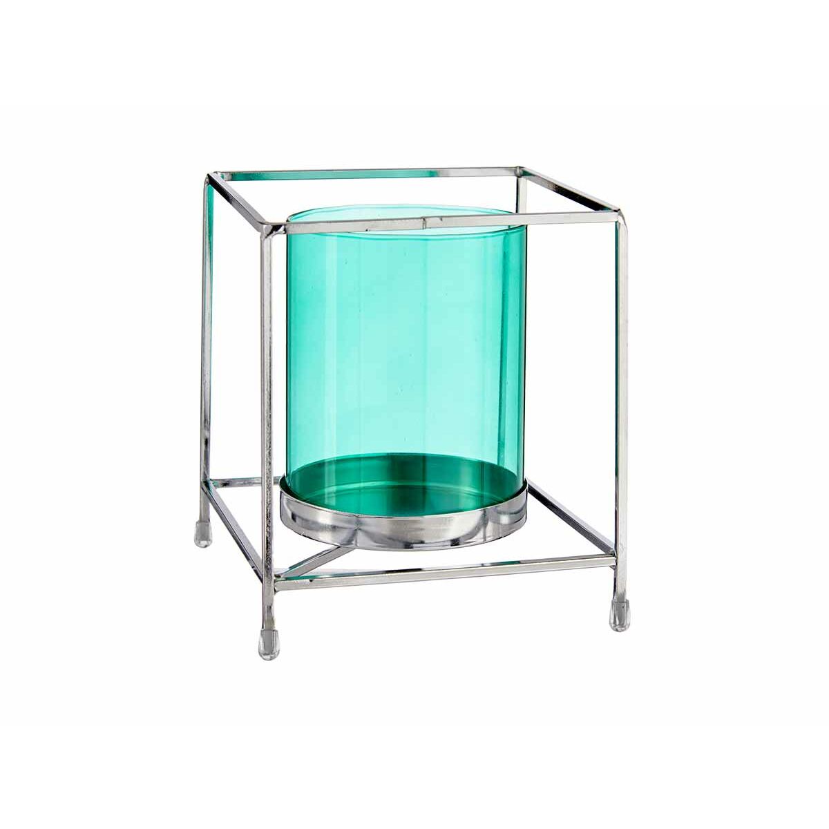Candleholder Squared Silver Blue 14 x 15,5 x 14 cm Metal Glass Main image