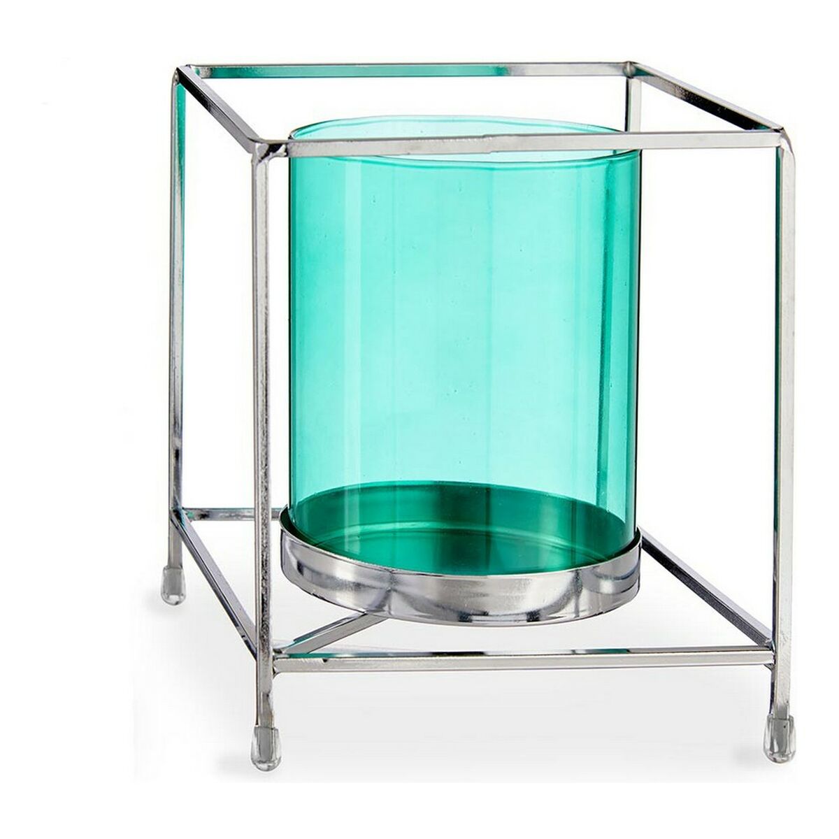 Candleholder Squared Silver Blue 14 x 15,5 x 14 cm Metal Glass