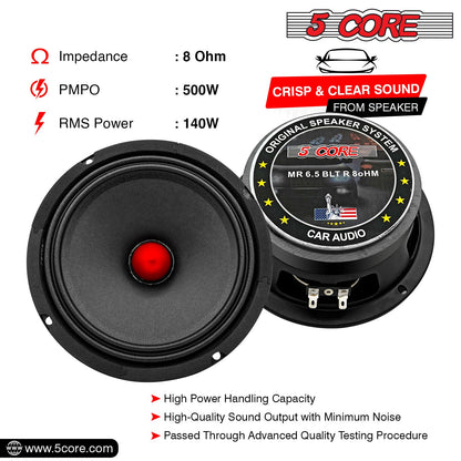 5Core 6.5 Inch Midrange Door Speaker 580W PMPO Subwoofer w Aluminum