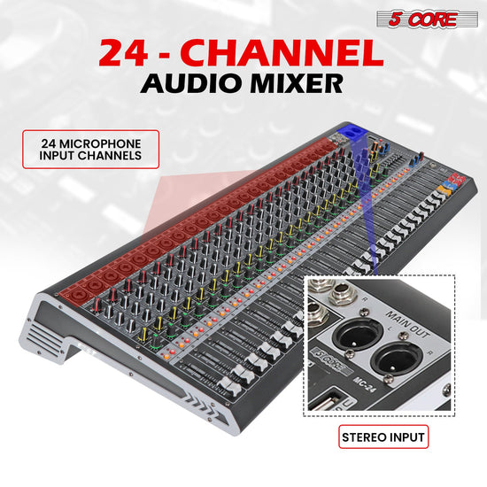 5 Core Audio Mixer 24 Channel DJ Sound Board w Bluetooth USB PC