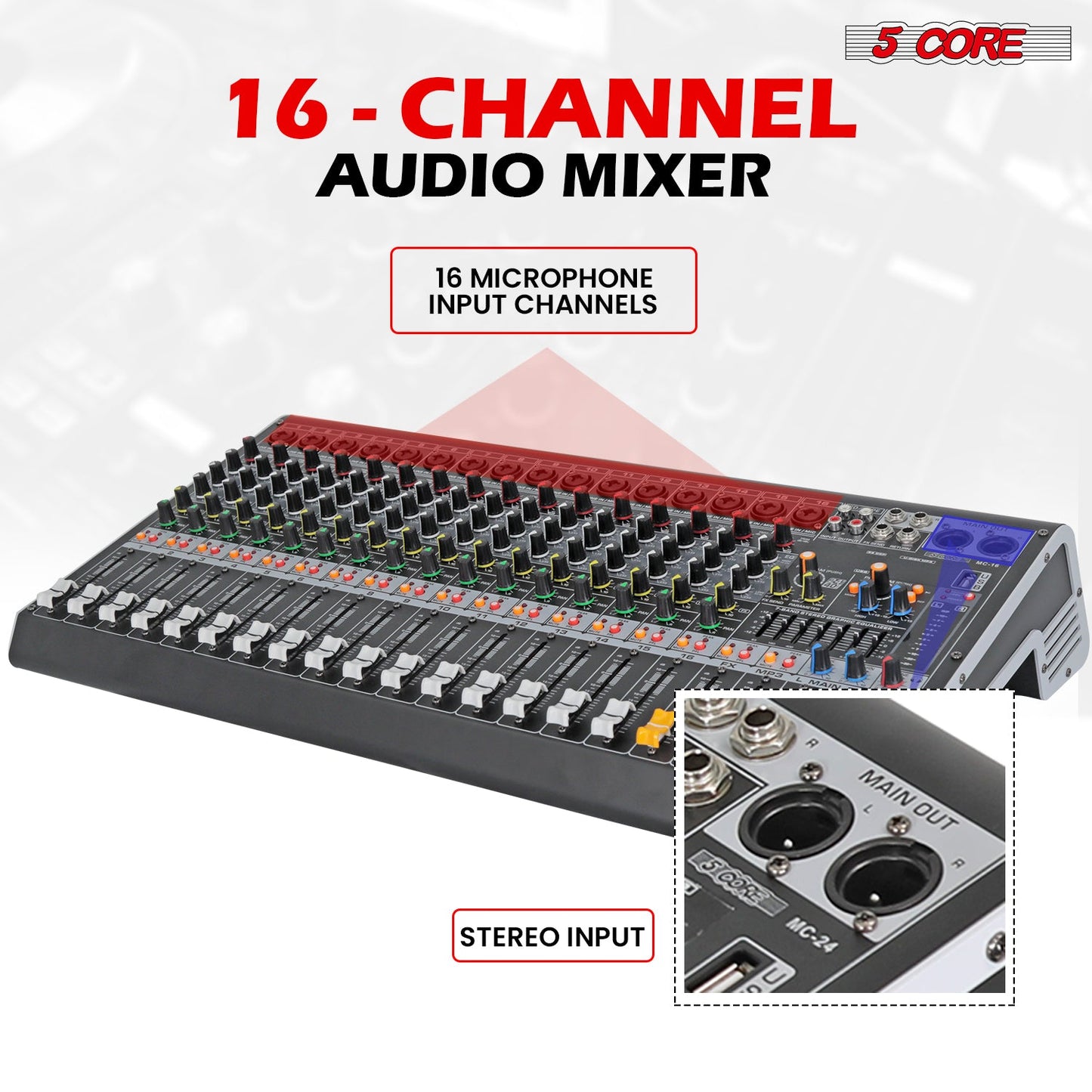 5Core Audio Mixer 16 Channel DJ Mixing Board Bluetooth USB Analog