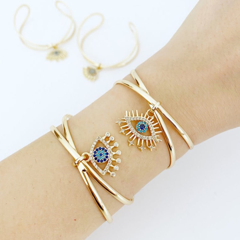 Evil Eye Cuff Bracelet, Blue Evil Eye Charm Bracelet, Evil Eye Jewelry