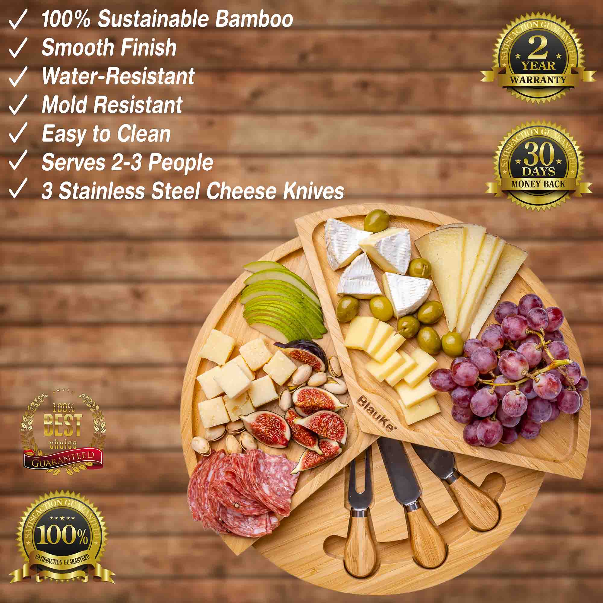 Bamboo Cheese Board and Knife Set - 14 Inch Swiveling Charcuterie Secondary image