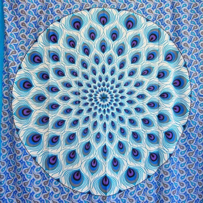 Blue Geometric Design Peacock Tapestry