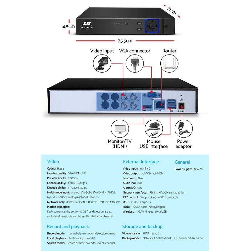 UL-tech Home CCTV Security System Camera 4CH DVR 1080P 1500TVL 1TB