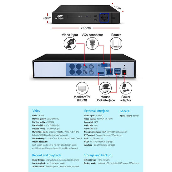 UL-tech Home CCTV Security System Camera 4CH DVR 1080P 1500TVL 1TB