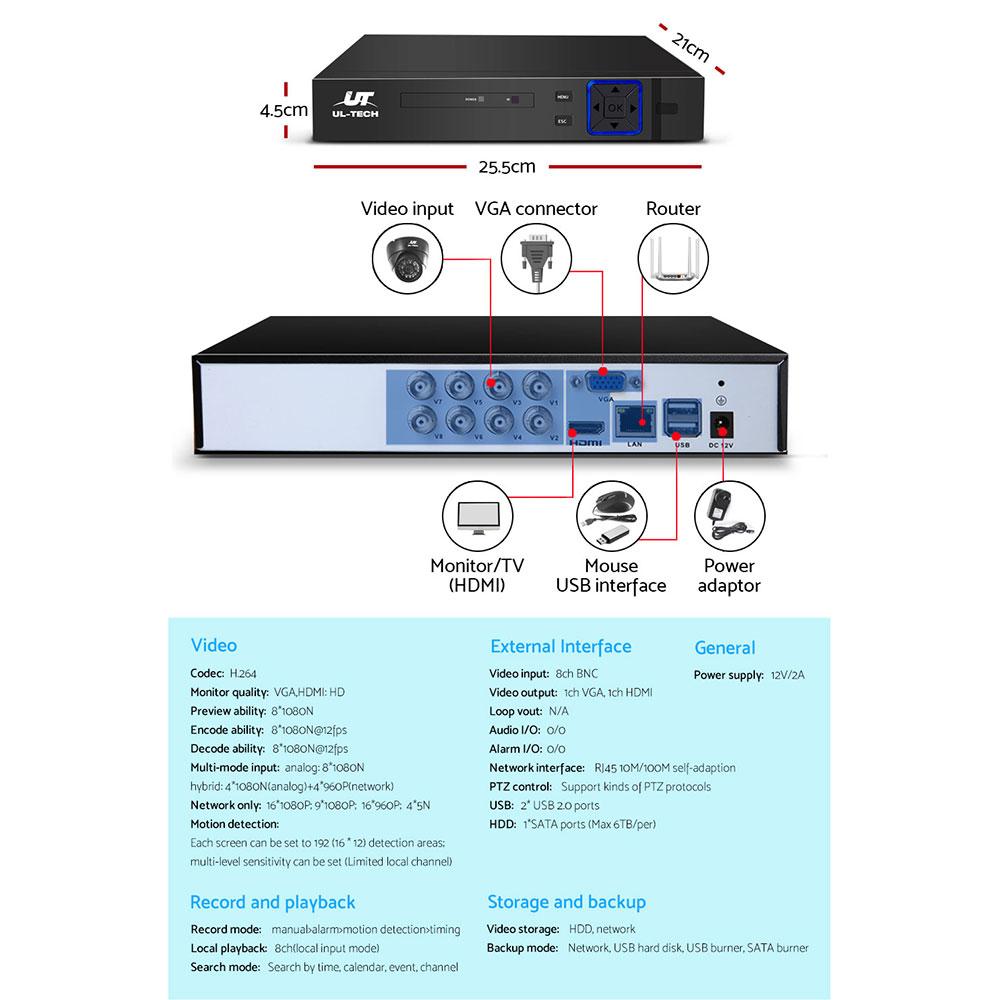 UL-tech CCTV 8 Dome Cameras Home Security System 8CH DVR 1080P 1TB IP