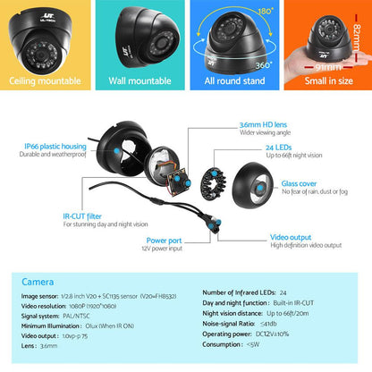 UL-tech CCTV 8 Dome Cameras Home Security System 8CH DVR 1080P 1TB IP