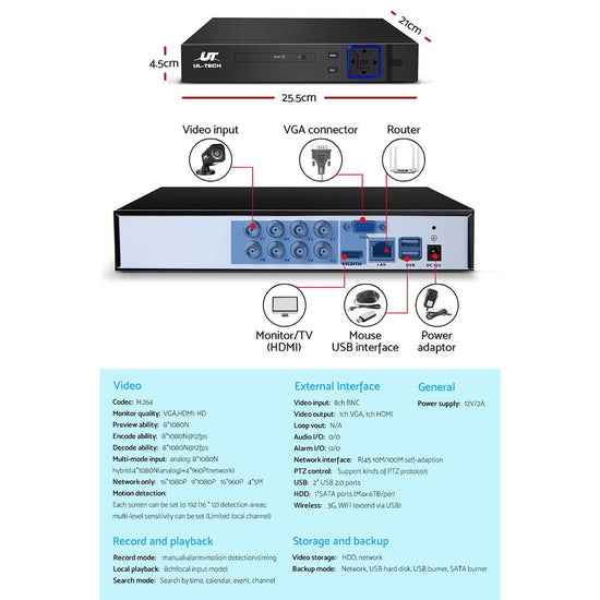 UL-tech CCTV Camera Home Security System 8CH DVR 1080P 1TB Hard Drive