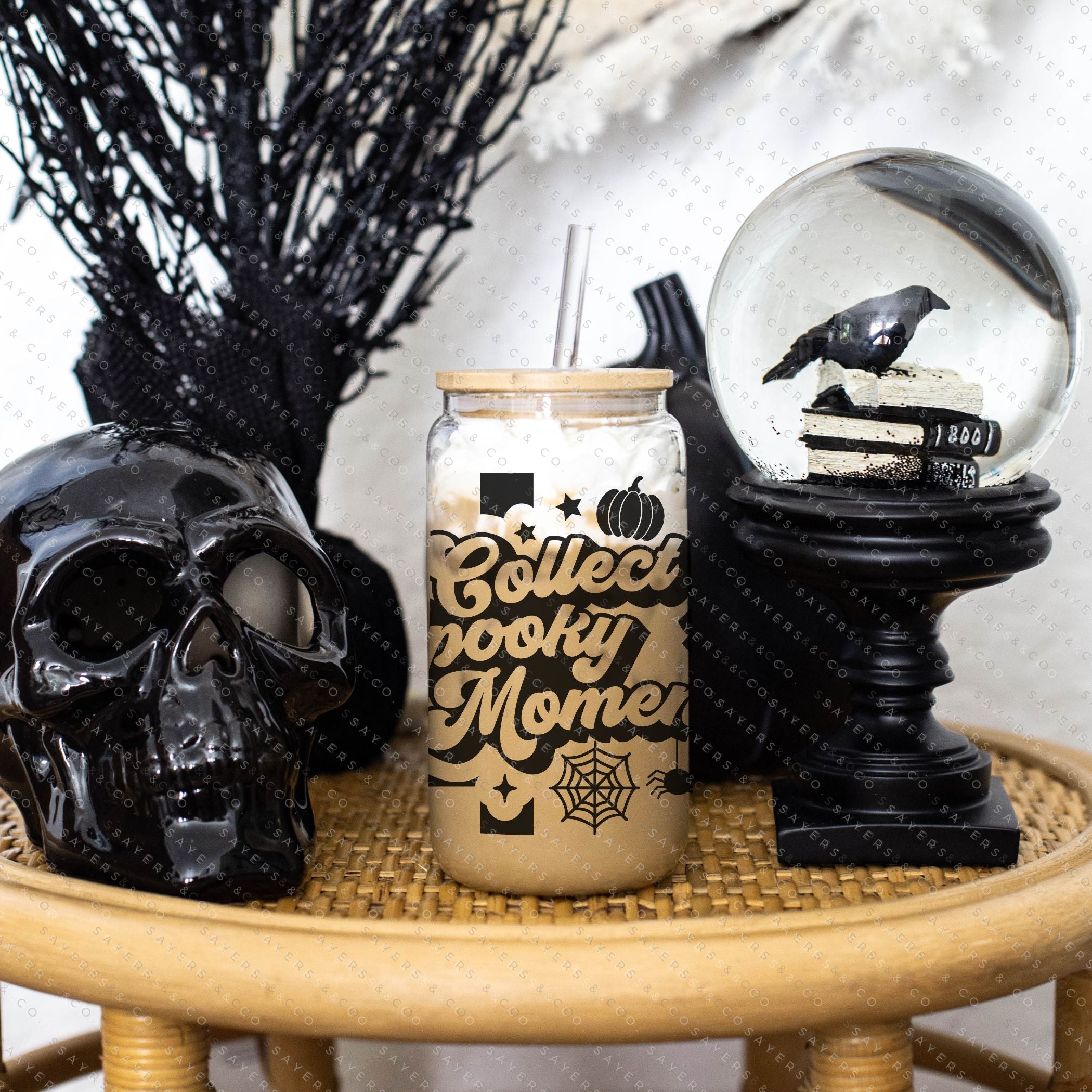 16oz Groovy Halloween w/ bats Glass Cup with Bamboo Lid & Straw Main image