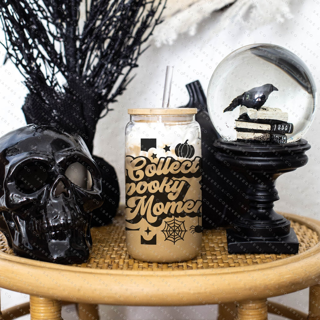 16oz Groovy Halloween w/ bats Glass Cup with Bamboo Lid & Straw