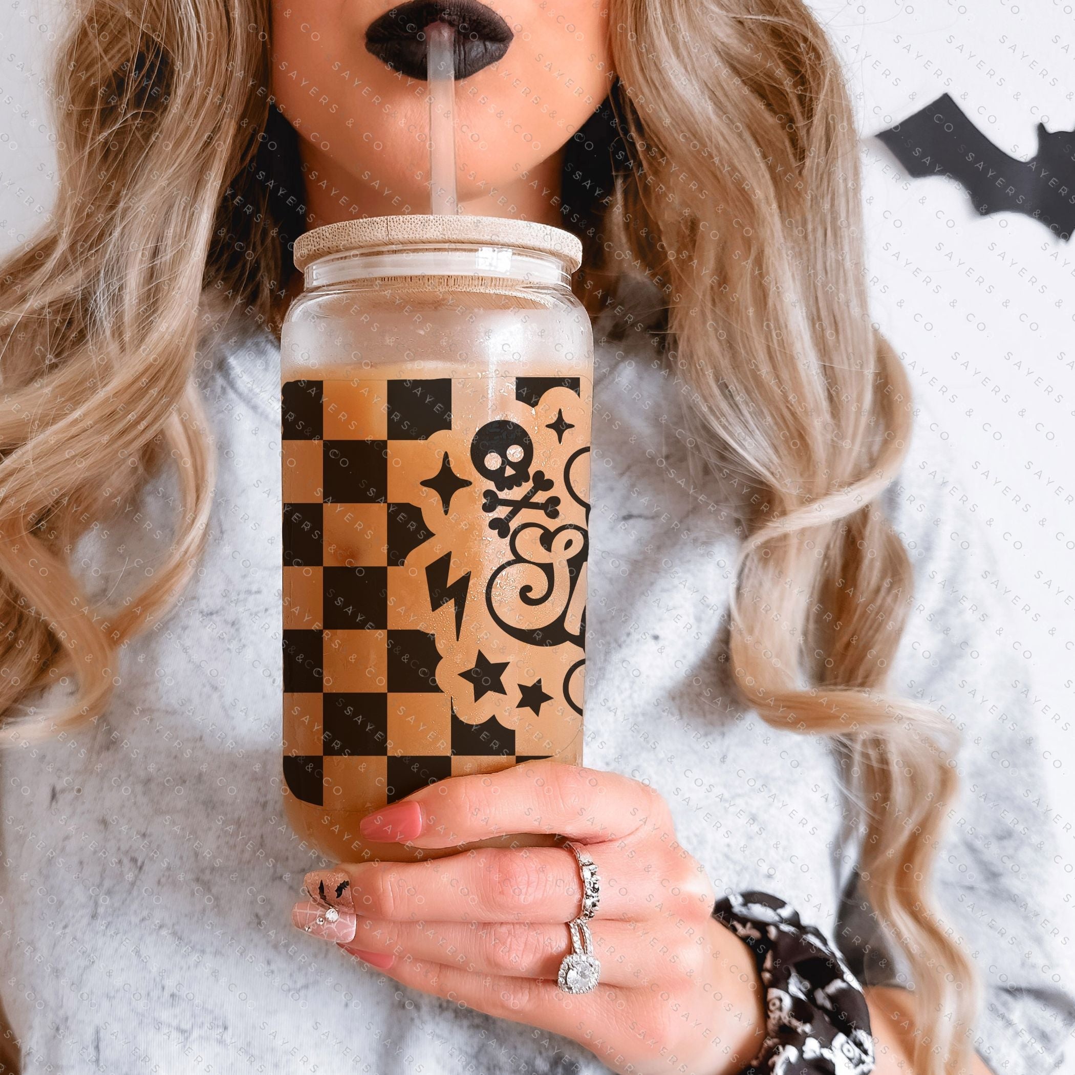 16oz Groovy Halloween w/ bats Glass Cup with Bamboo Lid & Straw