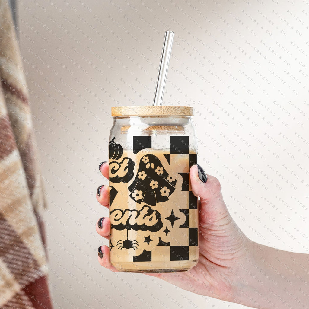 16oz Groovy Halloween w/ bats Glass Cup with Bamboo Lid & Straw
