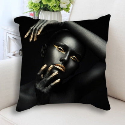 Abstract Black Gold Woman Face Print Cushion Cover