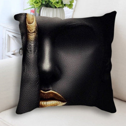 Abstract Black Gold Woman Face Print Cushion Cover