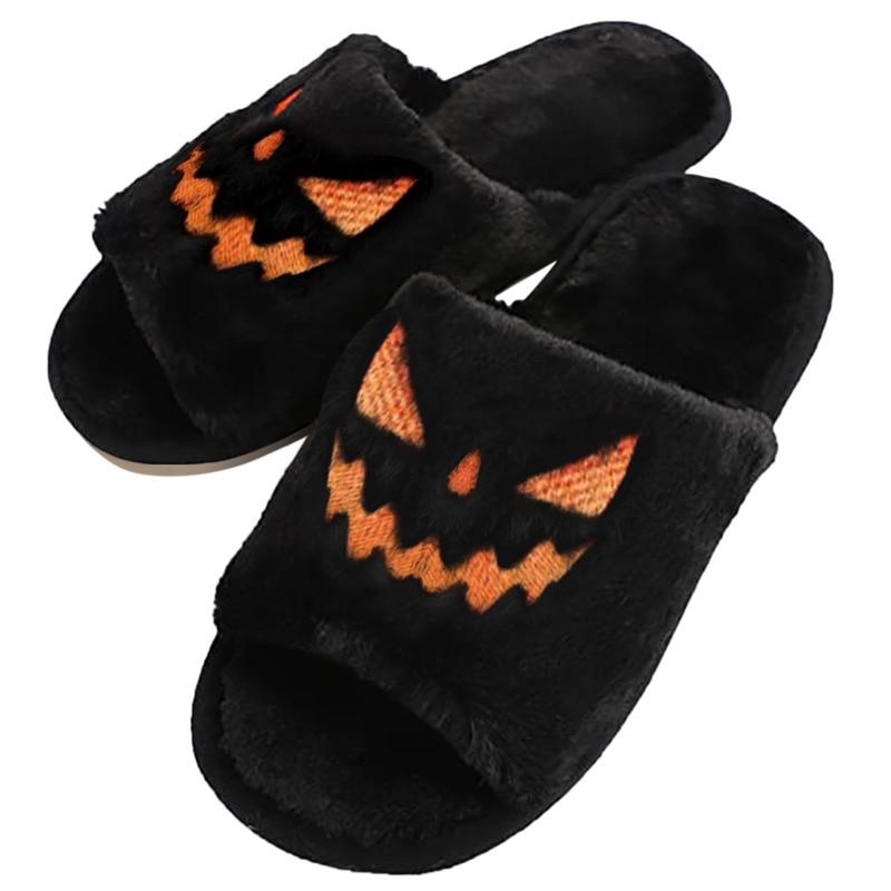 Halloween Pumpkin Fuzzy Slippers Soft Plush Cozy Open Toe Women Slides