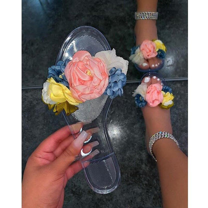 2021 Summer Beach Slippers Transparent Flowers Women‘s Slippers